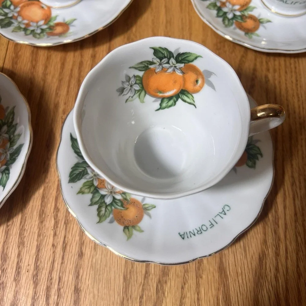 VTG California Orange Tea Cups & Saucers Set of 5 E.W. Princess Hand Painted